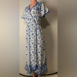 Anthropologie Kindred Blue Floral Maxi  Wrap Ruffle Dress Short Sleeve Size  M